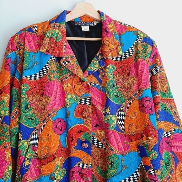 Vintage Silky Satin Retro Colorful Abstract Art Bomber Jacket Sz M - Picture 2 of 12
